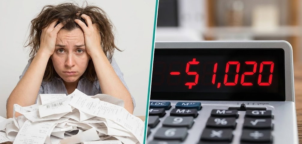 Split image showing a stressed business owner with receipts versus a calculator displaying a financial loss, symbolizing the impact of unoptimized usps stamp expenses.