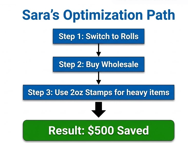 Flowchart titled "Sara's Optimization Path" detailing steps to save on usps stamp costs: switch to rolls, buy wholesale, and use 2oz stamps for heavier items