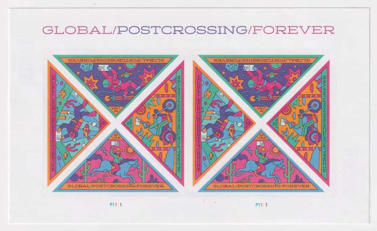 2026 Postcrossing Global Forever stamps in four triangular designs