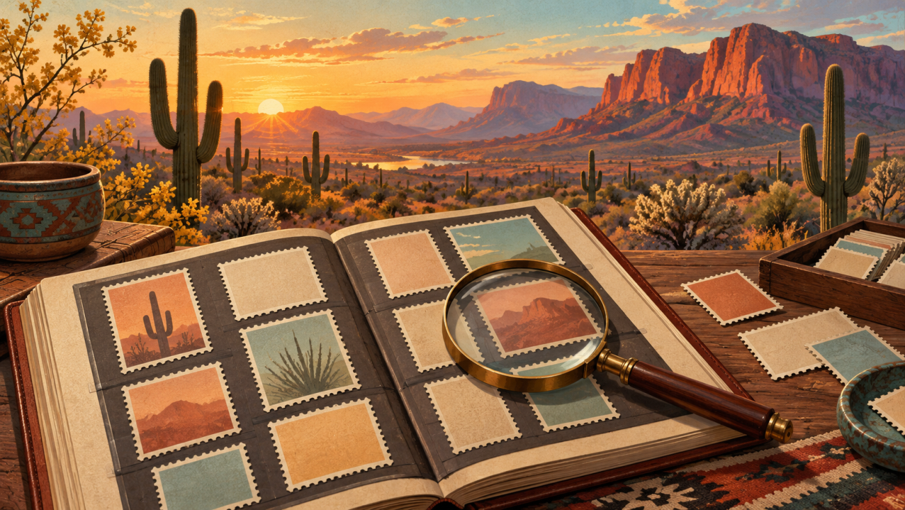 Illustrated Arizona desert and a fictional stamp research album