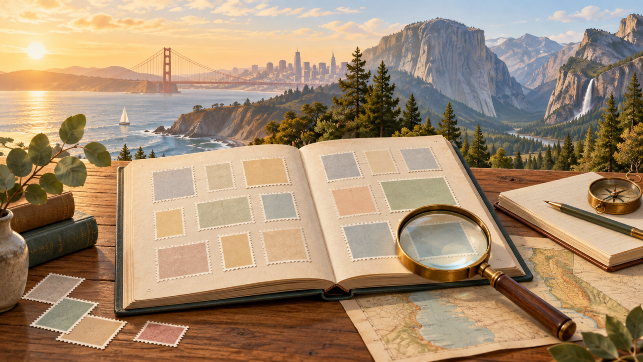 California landscape with an archival album of blank fictional stamp shapes