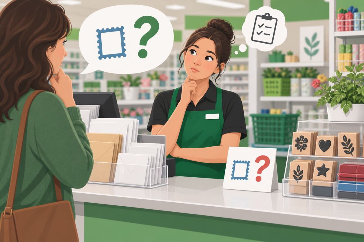 Customer asking a generic discount-store employee whether postage stamps are available