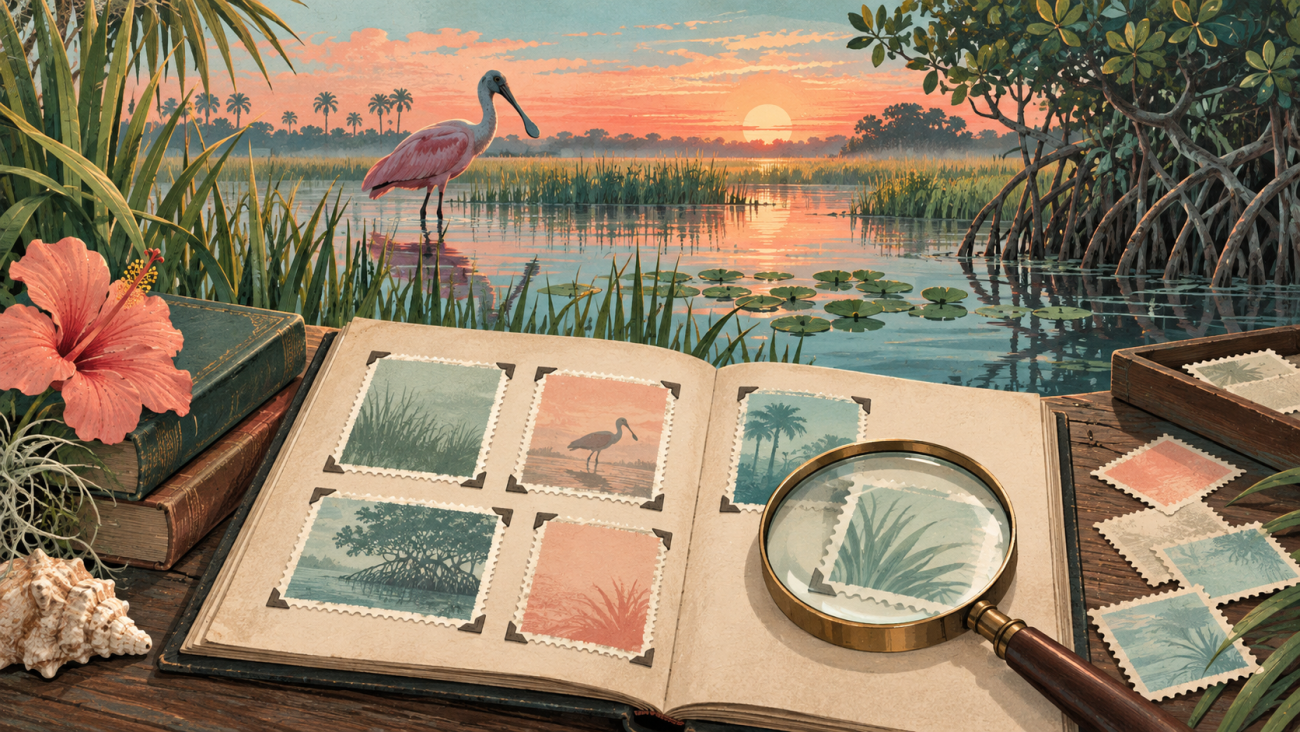 Illustrated Florida wetland and a fictional stamp research album