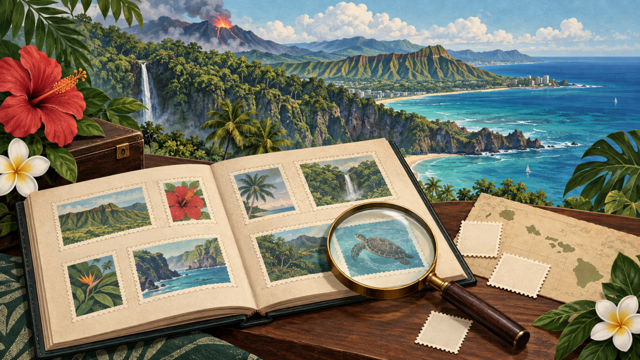 Illustrated Hawaiian coastline and a fictional stamp research album