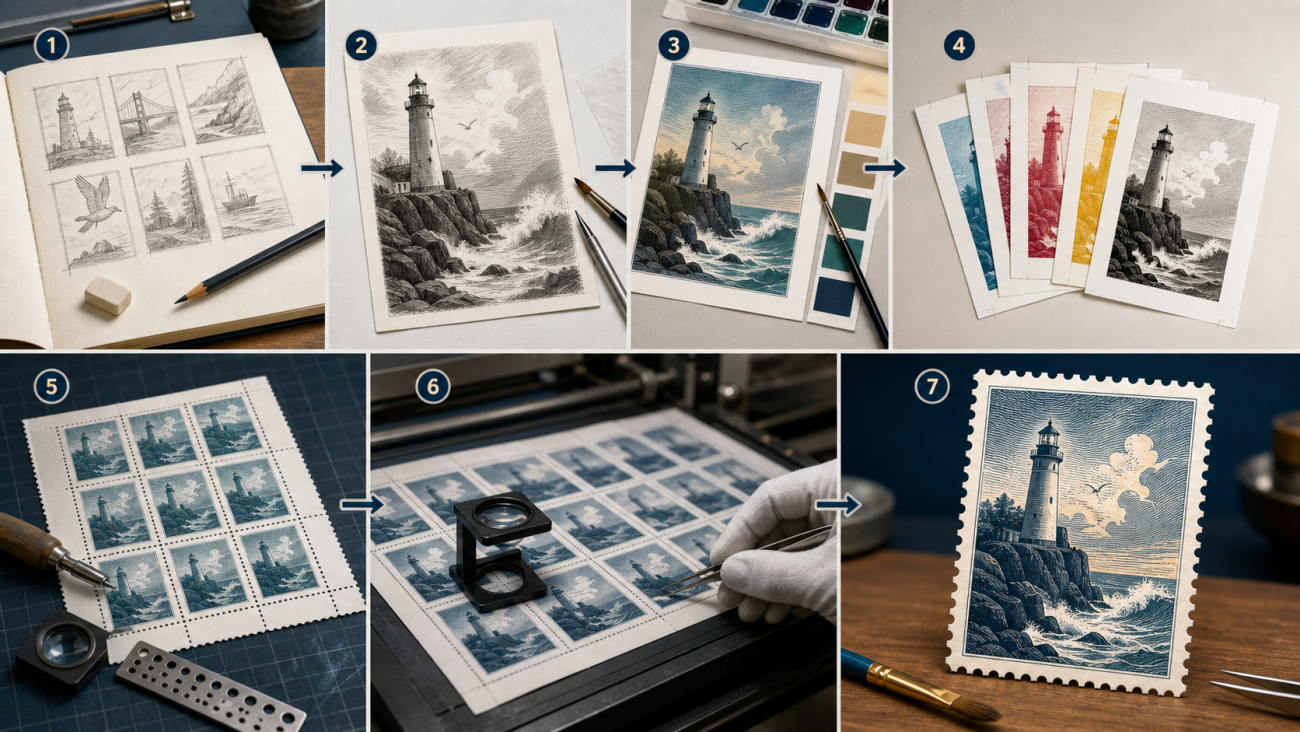 Creative postage-stamp-inspired art materials and display ideas