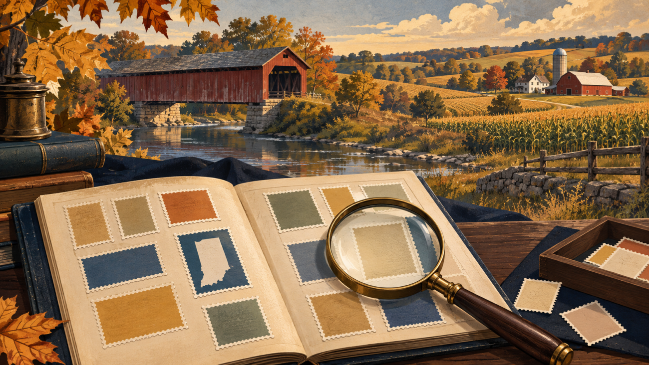 Illustrated Indiana farmland and a fictional stamp research album