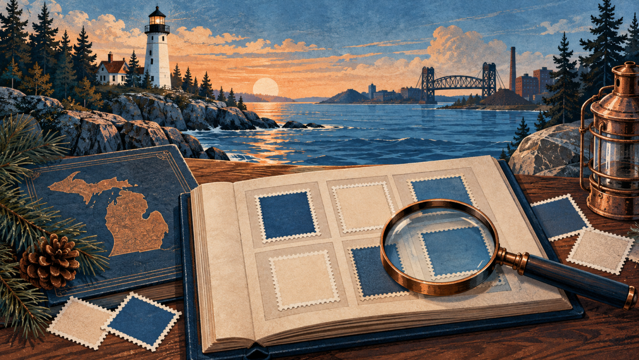 Illustrated Michigan Great Lakes shore and a fictional stamp research album