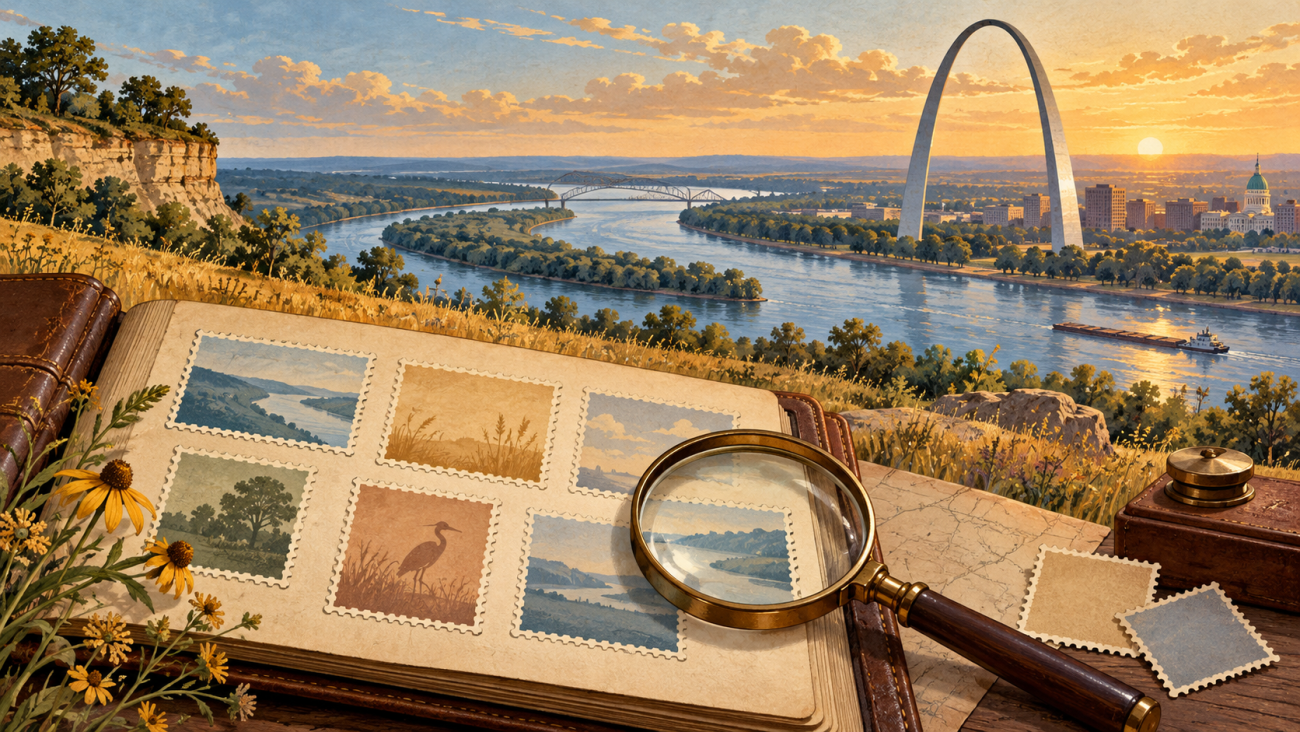 Illustrated Missouri river landscape and a fictional stamp research album