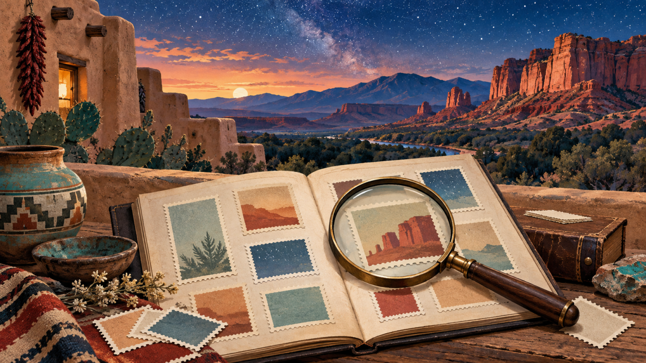 Illustrated New Mexico high desert and a fictional stamp research album