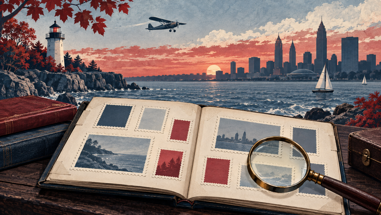 Illustrated Ohio lakeshore and aviation history with a fictional stamp album