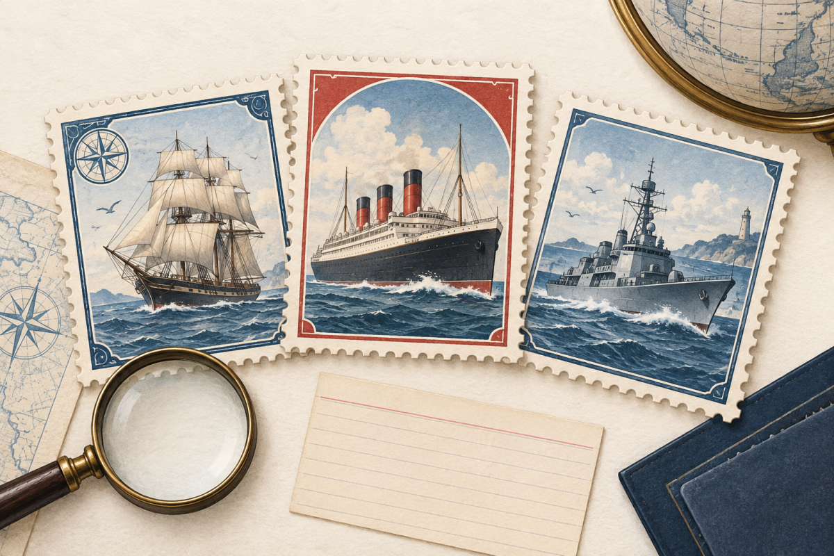Fictional stamp-style illustrations of a sailing ship, ocean liner and naval vessel for a collecting guide