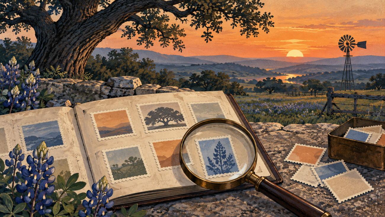 Illustrated Texas Hill Country and a fictional stamp research album