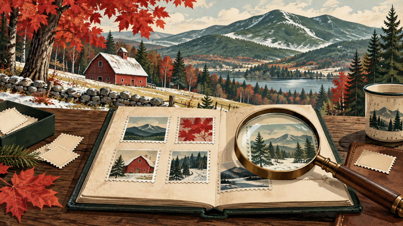 Illustrated Vermont mountains and a fictional stamp research album