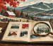 Illustrated Vermont mountains and a fictional stamp research album