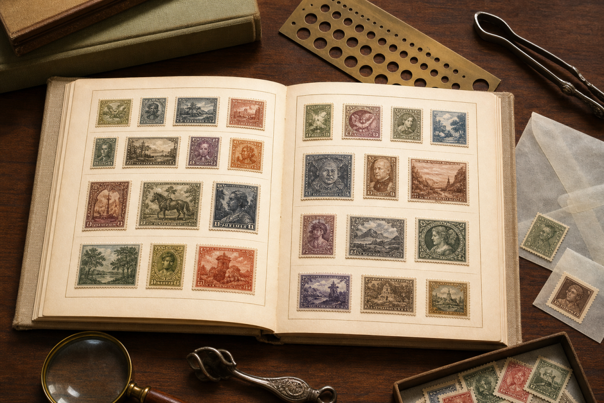 Postage stamps arranged in an archival frame with a protective mat