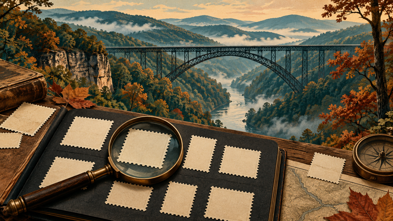 Illustrated West Virginia mountain gorge and a fictional stamp research album